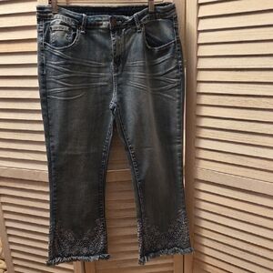 Blue Cropped Jeans with Embroidered Hem